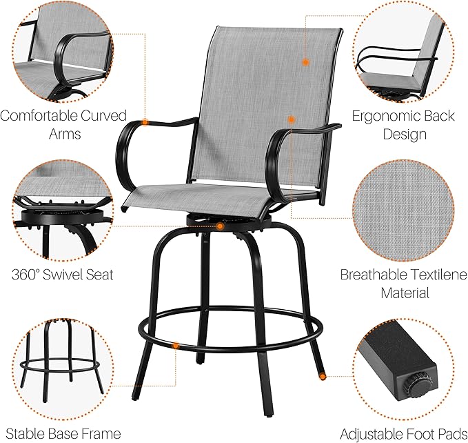 Yaheetech Patio Swivel Barstools Outdoor Chairs Set of 2, High Bistro Stools Outdoor Furniture, All-Weather Patio Stools for Outside, Beach, Lawn, Poolside and Garden, Black/Light Gray
