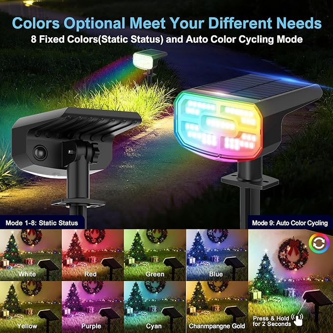 Color Changing Solar Spot Lights Outdoor Waterproof IP65,9 Lighting Modes Multicolor RGB Christmas Spotlight for Porches Yard Gardens Landscape Deconrations-6 Pack