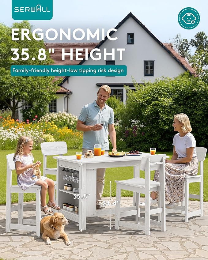 SERWALL 8-Piece HDPE Counter Height Dining Table Sets with Storage and Wine Rack, 2 Rectangular Bar Table with Bar Stools Set of 6 for Garden, Backyard, Kitchen, White