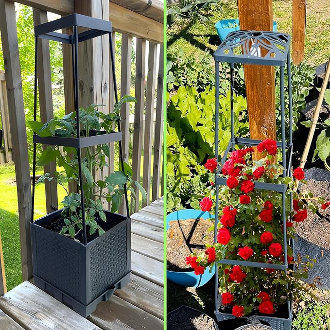 2 Packs Raised Garden Bed Tomato Planter Box with Trellis,56.8" Self-Watering Tomato Cage with Trapezoidal Trellis for Climbing Plants Flowers Vegetables Vine in Patio Garden Indoor Outdoor