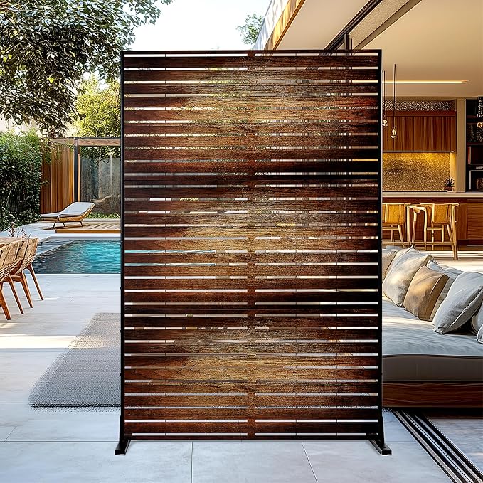 FENCY Metal Outdoor Privacy Screen 72" H×47" W Vintage Wood Color Patio Privacy Screen, Freestanding Decorative for Deck Balcony Patio