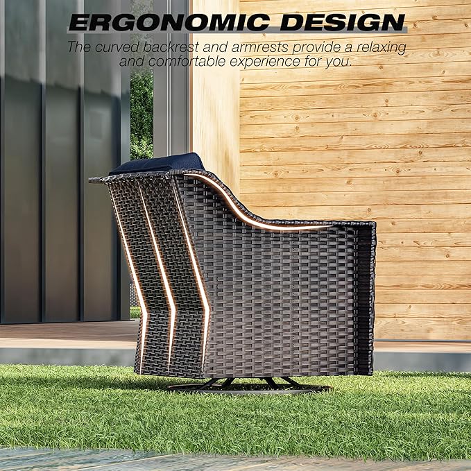 Joyside Wicker Patio Furniture Sets, 8 Pieces Upgraded Large Size Outdoor Furniture with 4 Swivel Rocking Patio Chairs, 3-Seat Sofa, Fire Table, Coffee Table, Thick Cushions, Wide Armrest, Blue
