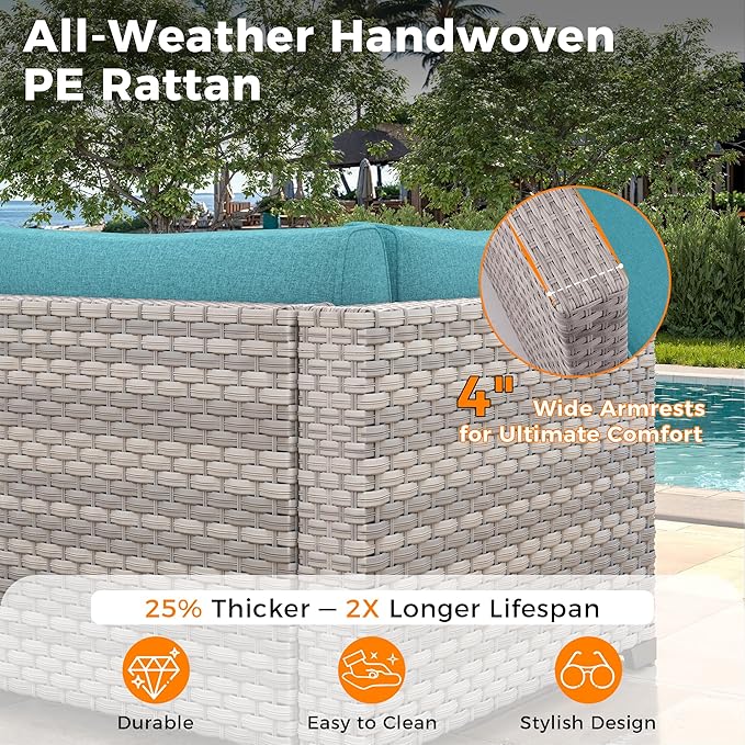 12-Seat Modern Outdoor Wicker Rattan Patio Furniture Set with 55,000 BTU Fire Pit Table, Thick 4″ Cushions, All-Weather Dual-Strand Rattan, Rust-Resistant Steel Frame,Blue