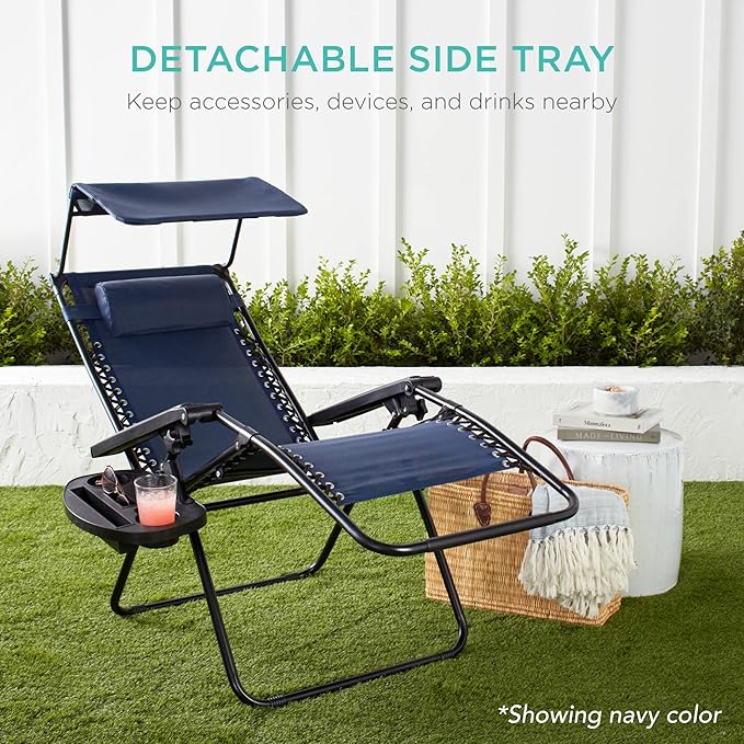 Best Choice Products Folding Zero Gravity Outdoor Recliner Patio Lounge Chair w/Adjustable Canopy Shade, Headrest, Side Accessory Tray, Textilene Mesh - Ice Gray