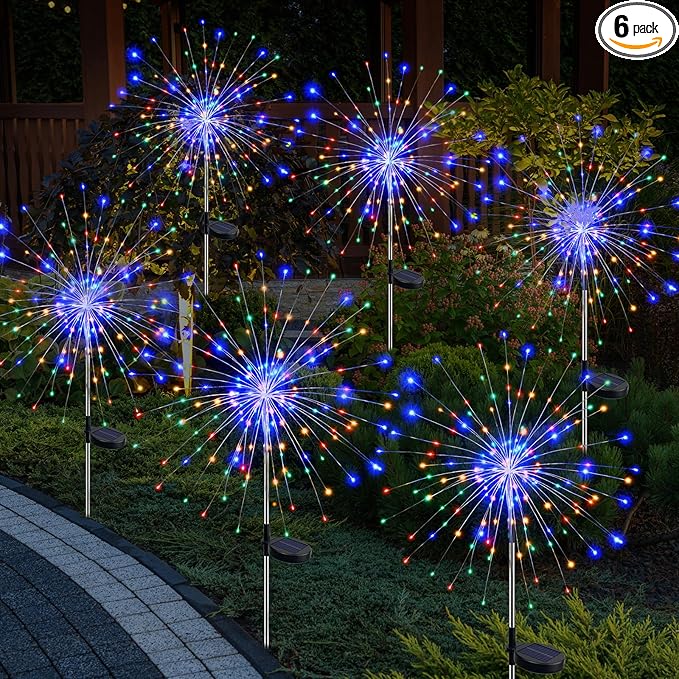 btfarm 6 Pack Solar Garden Lights Outdoor, 8 Modes Firework Lights Solar Powered, Waterproof Twinkle Fairy Light Outside for Yard Patio Pathway Pool Christmas Party Decorative, Multicolor