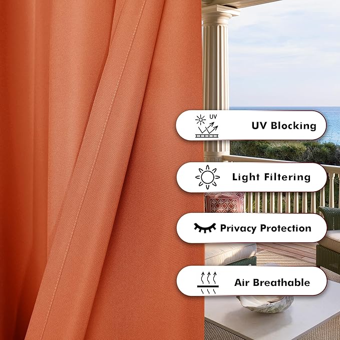 BONZER Outdoor Curtains for Patio Water Resistant Heavy Privacy Light Filtering Grommet Outside Curtains for Porch, Pergola, Gazebo, 1 Panel, 54W x 84L inch, Mecca Orange
