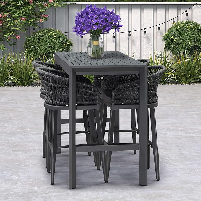PURPLE LEAF Outdoor Rattan 29" Bar Stools Set of 2, Modern Boho Aluminum Patio Bar Height Chair with Cushion and Back for Outdoor and Indoor, Grey
