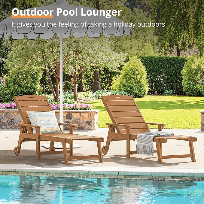 LUE BONA Outdoor Chaise Lounge, HDPS Chaise Lounger, 5 Positions Adjustable Lounge Chairs, Pool Lounge Chair with Wheels for Poolside, Backyard, Teak Color