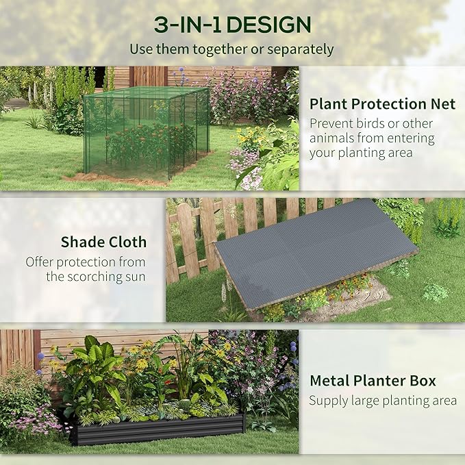 Outsunny 7.3 x 3.4 x 1 ft Galvanized Raised Garden Bed with Crop Cage Plant Protection Net and Shade Cloth Roof, Metal Planter Box with Cover for Vegetables, Flowers, Herbs, Dark Gray